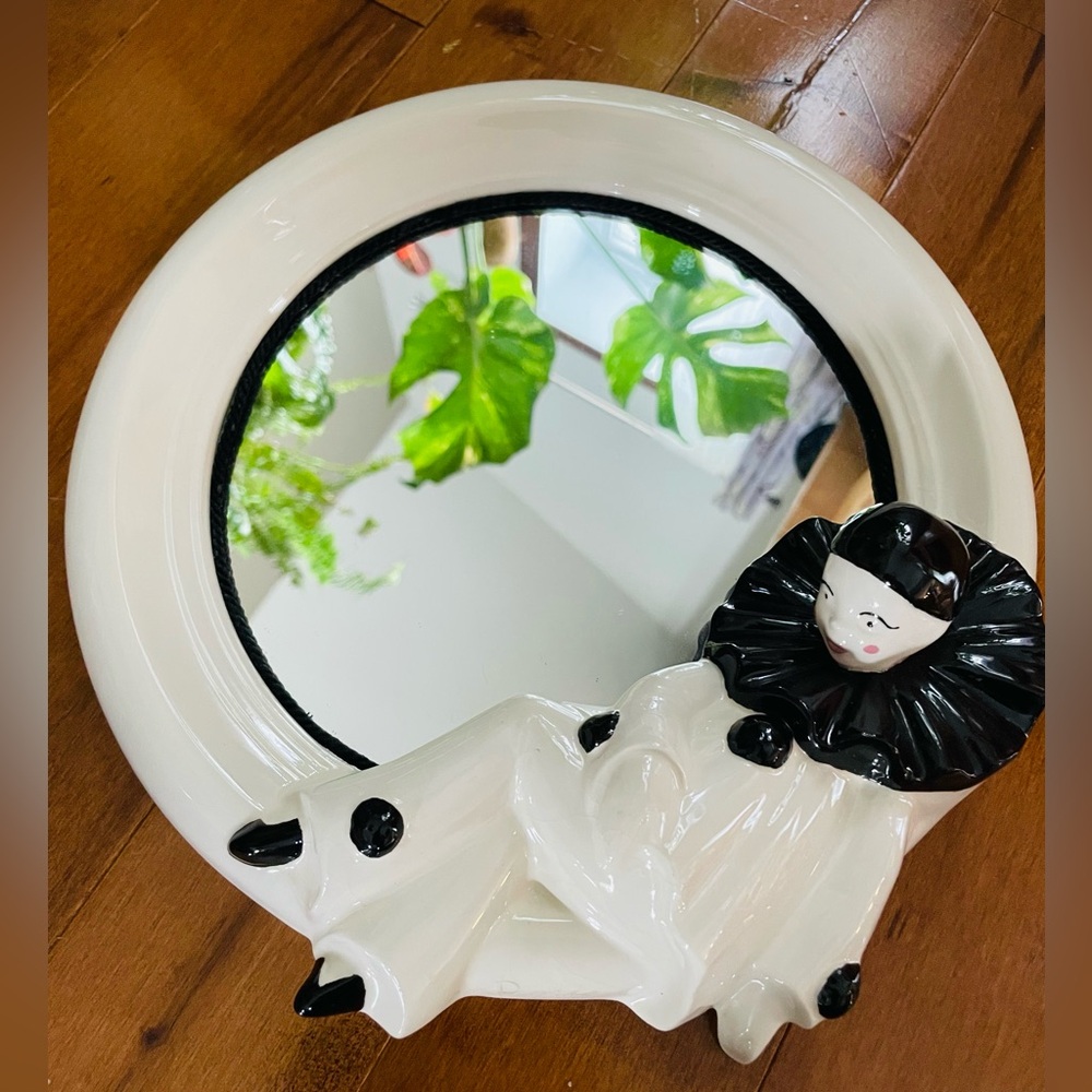 White Ceramic Clown Wall Mirror with Black Accents